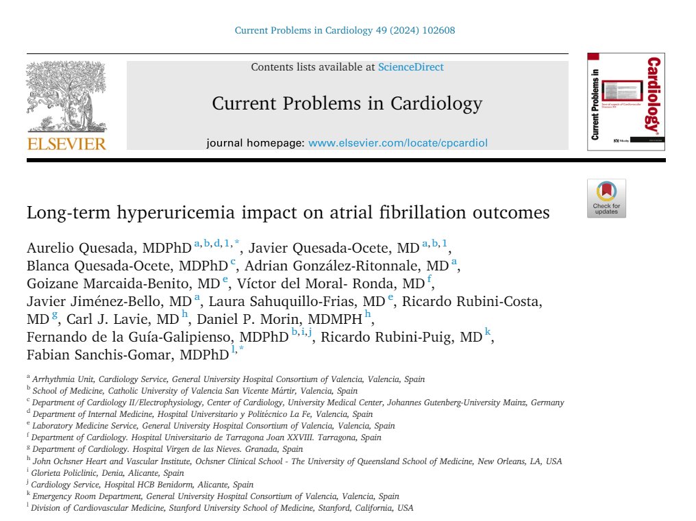 🗣️Very happy to share our recent study “Long-term hyperuricemia impact on atrial fibrillation outcomes” published on @CurrProbsCardio and thank Prof. Quesada and @FabianSango for involving me in it 🥰 sciencedirect.com/science/articl…