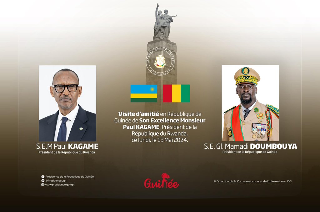 🔴 𝐑𝐰𝐚𝐧𝐝𝐚 🇷🇼 | 🇬🇳 𝐆𝐮𝐢𝐧𝐞́𝐞 𝗩𝗶𝘀𝗶𝘁𝗲 𝗱’𝗮𝗺𝗶𝘁𝗶𝗲́ de Son Excellence 𝗠𝗼𝗻𝘀𝗶𝗲𝘂𝗿 𝗣𝗮𝘂𝗹 𝗞𝗔𝗚𝗔𝗠𝗘, Président de la République du Rwanda à Conakry, ce lundi, le 𝟭𝟯 𝗺𝗮𝗶 𝟮𝟬𝟮𝟰. #PresidenceGN #DiplomatieGN #BrandingGN