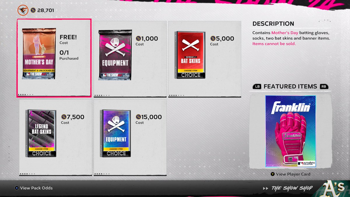 To get the Mother's Day Pack (FREE) in @MLBTheShow:

- Go to Road To The Show
- Click your player
- Click Locker then Open
- Click Enter The Show Shop
- Redeem your free pack in the RTTS Pack Shop

Most people don't know about the RTTS Pack Shop so hope this helps!