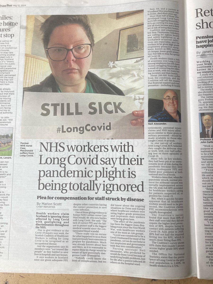 Scottish Healthcare Workers Coalition calls for #LongCovid to be recognised as an Occupational Disease. The article in print today in The Sunday Post. #StillSick