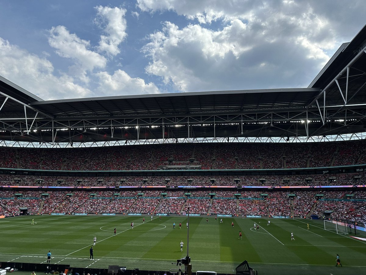 At Wembley where, for the first time since 2012, the #WomensFACup will be won by a team that isn't Arsenal, Chelsea or Man City. 1–0 Manchester United at half-time in the final against Tottenham. Ella Toone with a stunning goal