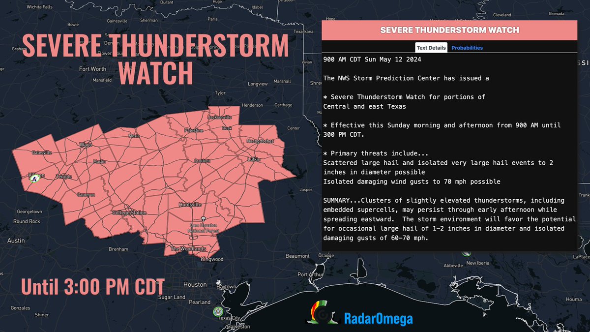 A Severe Thunderstorm Watch has been issued for portions of Central and east Texas. Primary threats include: - Scattered large hail - Isolated damaging wind gusts to 70 MPH #TXwx
