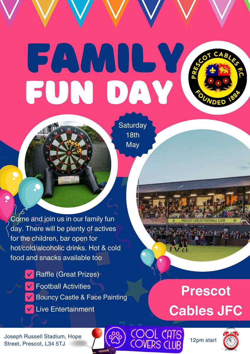 #prescotcables #familyfunday #getinvolved #fun #vibes #fundraise #kidsfootball #bar #food #prizes 

Come and join our family fun day and football presentation!!