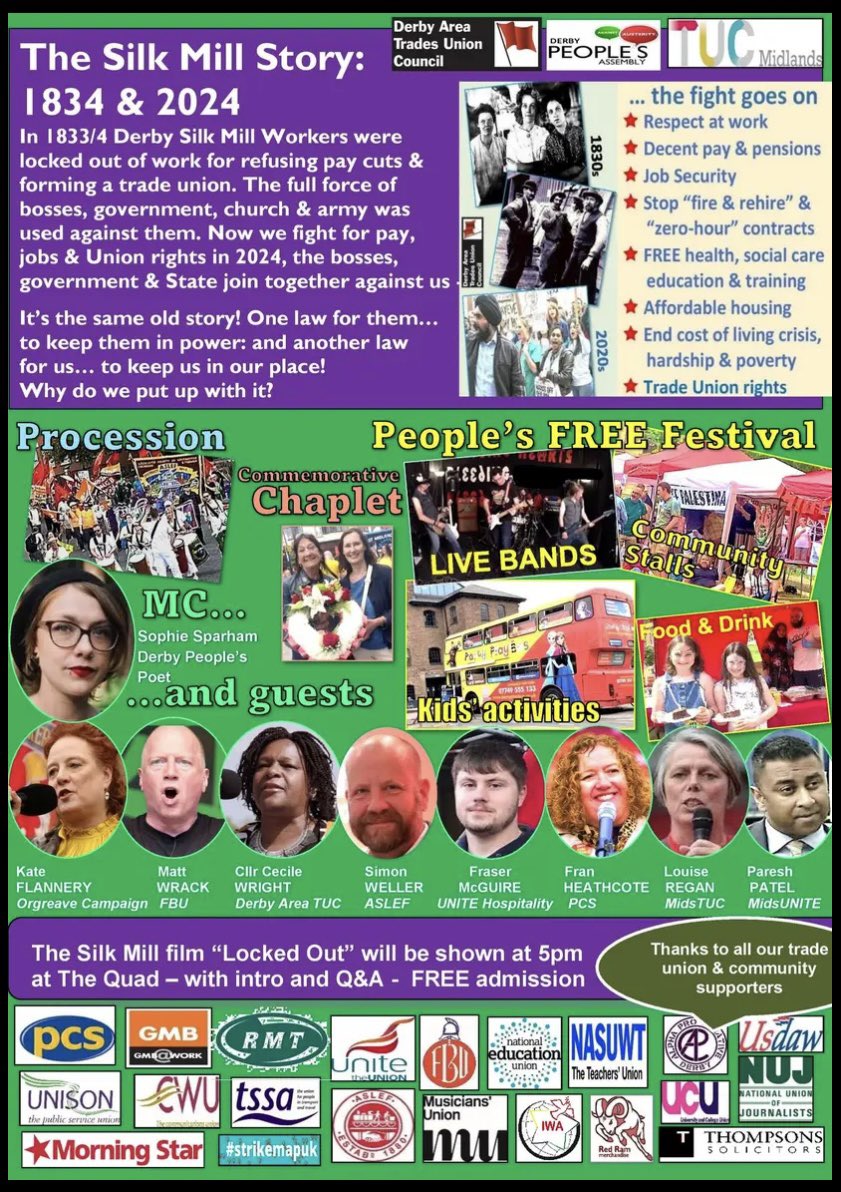 If you’ve never been to Derby Trades Council Silk Mill Festival - you should check it out. Politics and music for the masses - a bit of trade union history too - Saturday 8th June👍✊