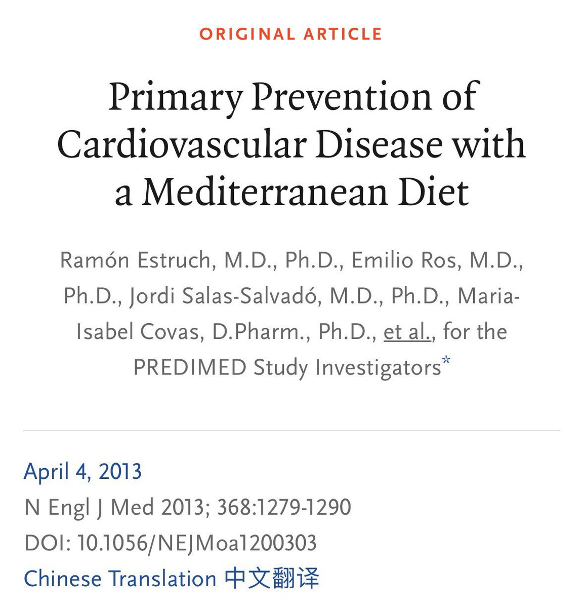 Mediterranean diet for primary prevention of cardiovascular disease? A diet rich in fruits/legumes/nuts/olive oil, with CV benefit demonstrable against a low fat diet in this landmark trial. PREDIMED Trial, NEJM 2013 ♥️