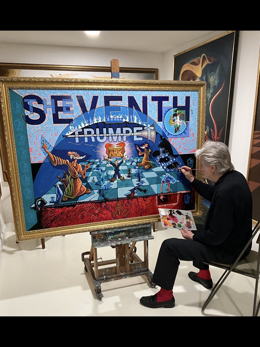 Last minute touch ups of the seventh trumpet (48”x60”)oil on canvas. Now on display at our art studio gallery throughout month of June - Revelation 11:15-19. #arkofthecovenant #pealsofthunder #earthdestruction #lightning #timehascome #24elders #earthquake #hailstorm #kingdomofgod