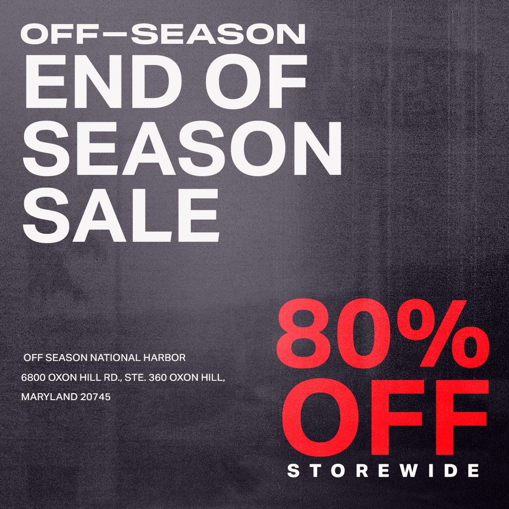 Starting today, Off-Season National Harbor, MD is offering an exclusive 80% off premium streetwear and footwear brands for a limited time. ⁠ LOCATION: 6800 Oxon Hill Rd., Ste. 360 Oxon Hill, Maryland 20745 HOURS: Mon - Sat: 10AM - 9PM Sun: 11AM - 7PM