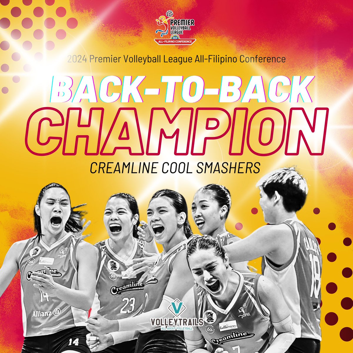 JUST IN: BACK-TO-BACK 🏆🏆

The Creamline Cool Smashers clinch their 8th PVL title, beating the Choco Mucho Flying Titans in the Final series! Congratulations! #PVL2024 🏆👏🇵🇭