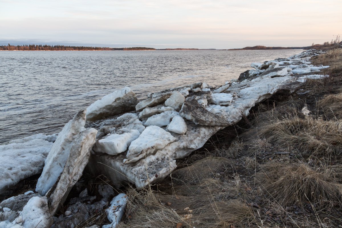 Moosonee 2014 May 12 lots of ice piled on the shoreline of the Moose River.