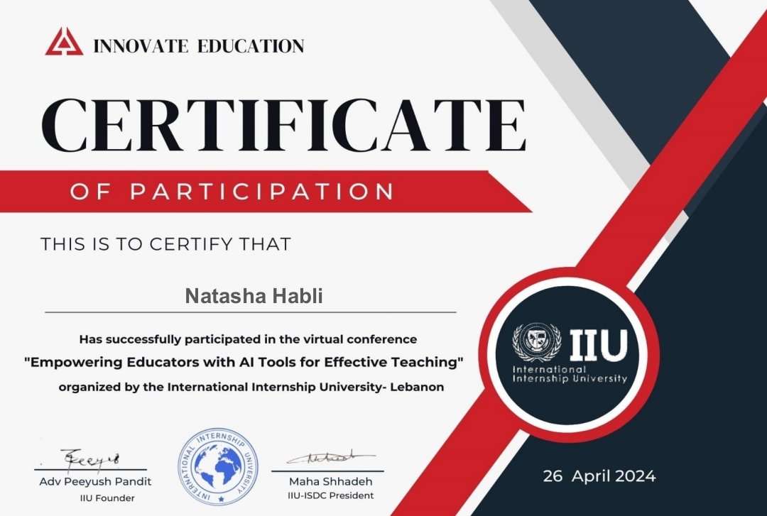 💡Thrilled to share that I have participated in the enlightening virtual conference💥" Empowering Educators with AI Tools for Effective Teaching" 💥 hosted by the International Internship University-Lebanon. #ProfessionalDevelopment #AIinEducation #EmpoweringEducators