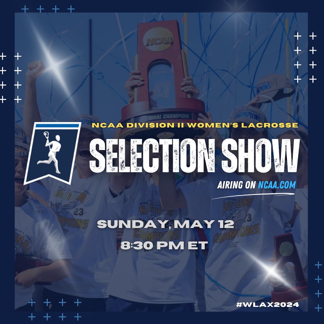 🚨📺 Tune in to the 2024 NCAA DIl Women's Lacrosse Championship selection show → TONIGHT, May
12 at 8:30 p.m. ET live on NCAA.com‼️🥍🔥

🏆 The semifinals and championship will take place on May 23 and 25 at Showalter Stadium in Winter Park, FL. #wlax2024