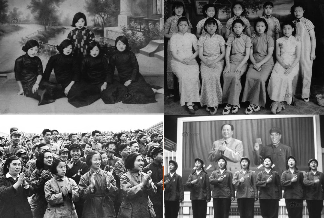 How Mao erased femininity: women before and after the Communist revolution. Pix 1-2: Women in traditional Chinese Qipao (upto 1949) Pix 3: Women in Lenin suits (1950s) Pix 4: Women in Mao suits (1966-1976) Mao regarded femininity toxic & bourgeois and needed to be replaced by…