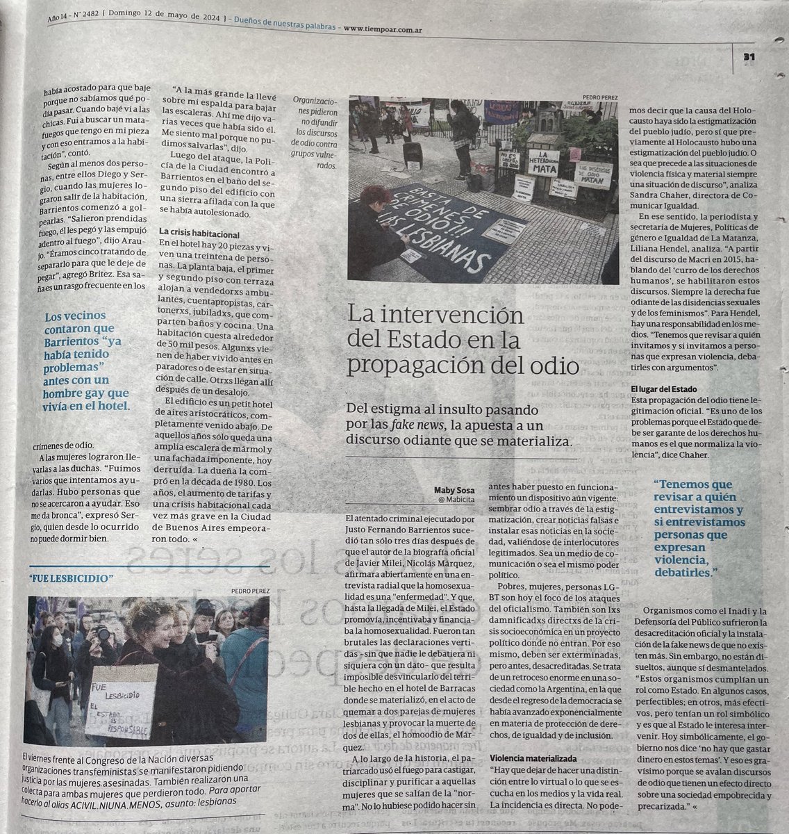 🇦🇷La trama detrás del doble lesbicidio y ataque de odio en Barracas -una enorme nota de @_agusramona- hoy pueden leerla en la edición de papel del medio aliado @tiempoarg, junto con el análisis de @Mabicita. #NoesLibertadEsOdio #Fuelesbicidio