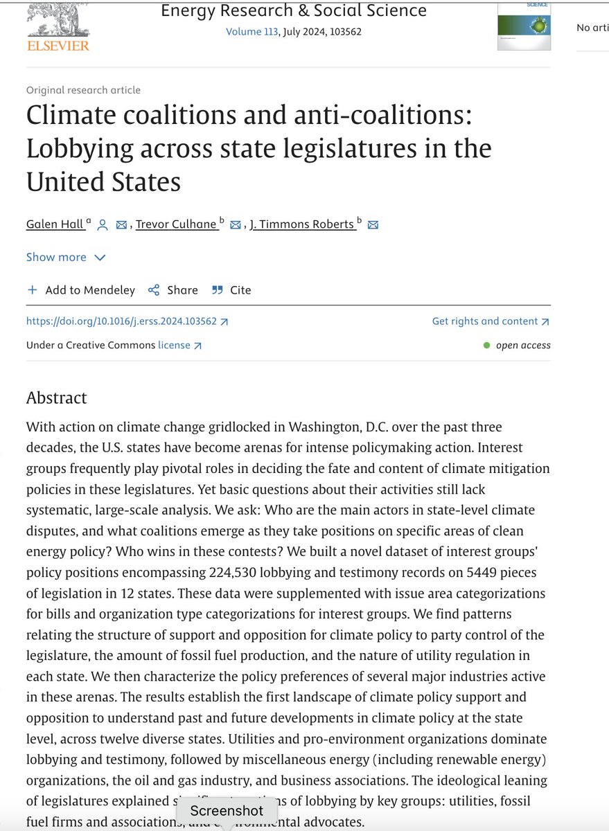 Who is lobbying with whom, against what, and with what outcomes? This article was five years in the making, built on a huge new dataset. Proud of the work by @ClimateDevLab scholars @GalenPHall and @trevordculhane, and really useful results. it's here: sciencedirect.com/science/articl…