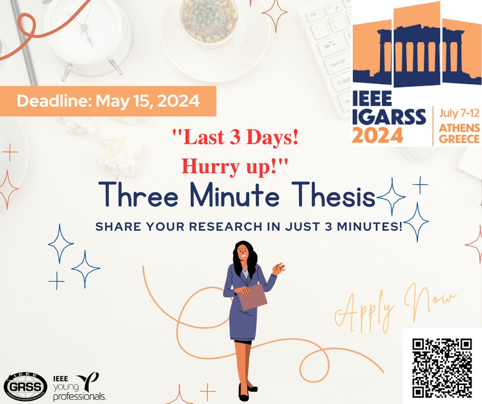 ⏰ Deadline approaching fast! 
🚀 Don't miss out on the chance to showcase your research at #IGARSS2024's 3MT competition!
 🎓Submit your 3-minute video by May 15, 2024! 
👩‍💻 Details: 2024.ieeeigarss.org/3mt.php

 #3MT #YoungProfessionals #Research @GrssYp