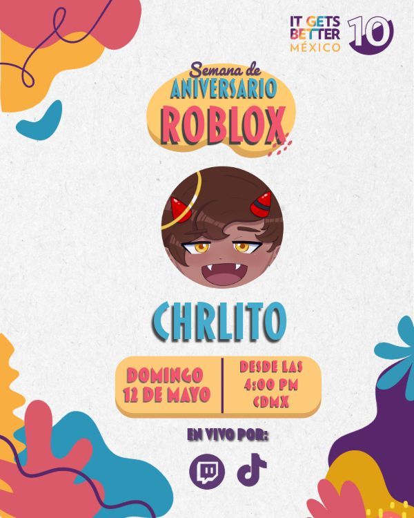 En la programación semanal por nuestro Décimo Aniversario, regresa @chrlito_ para jugar Roblox este domingo. Cáiganle a las 4pm. 👷🌈 🔗: bit.ly/485MGQU