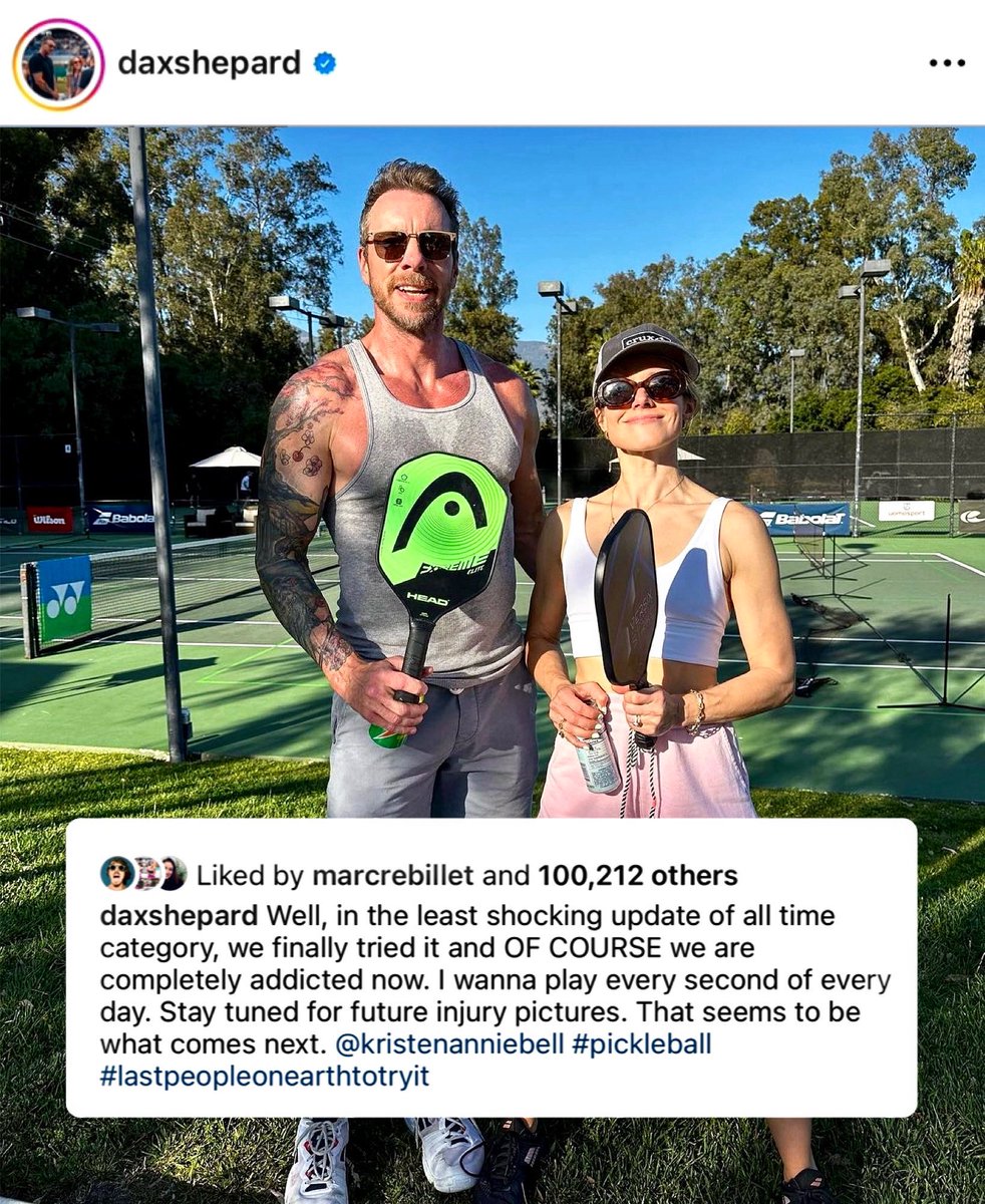 Dax Shepard and Kristen Bell are officially the last celebrities to try pickleball but the most recent addicts. Welcome to the fam. 🤝🏼