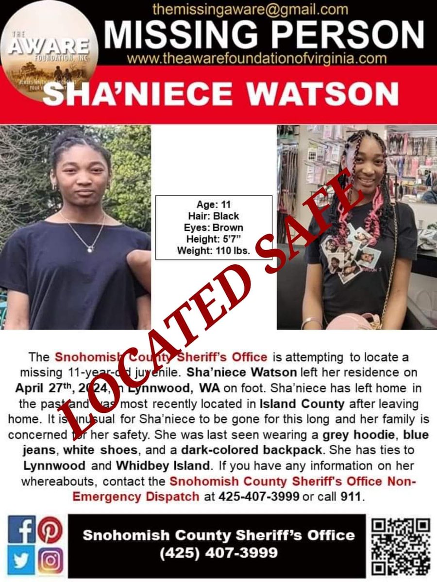 UPDATE: Good morning. SHA'NIECE has been located and is SAFE. Thanks again for your help. #TheAWAREFoundation
