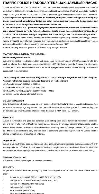 Traffic Plan/Advisory for 13-05-2024 @JmuKmrPolice @JKTransportDept @OfficeOfLGJandK @Divcomjammu @DivComKash @ZPHQJammu @igpjmu @diprjk @ddnews_jammu @ddnewsSrinagar @ddnewsladakh