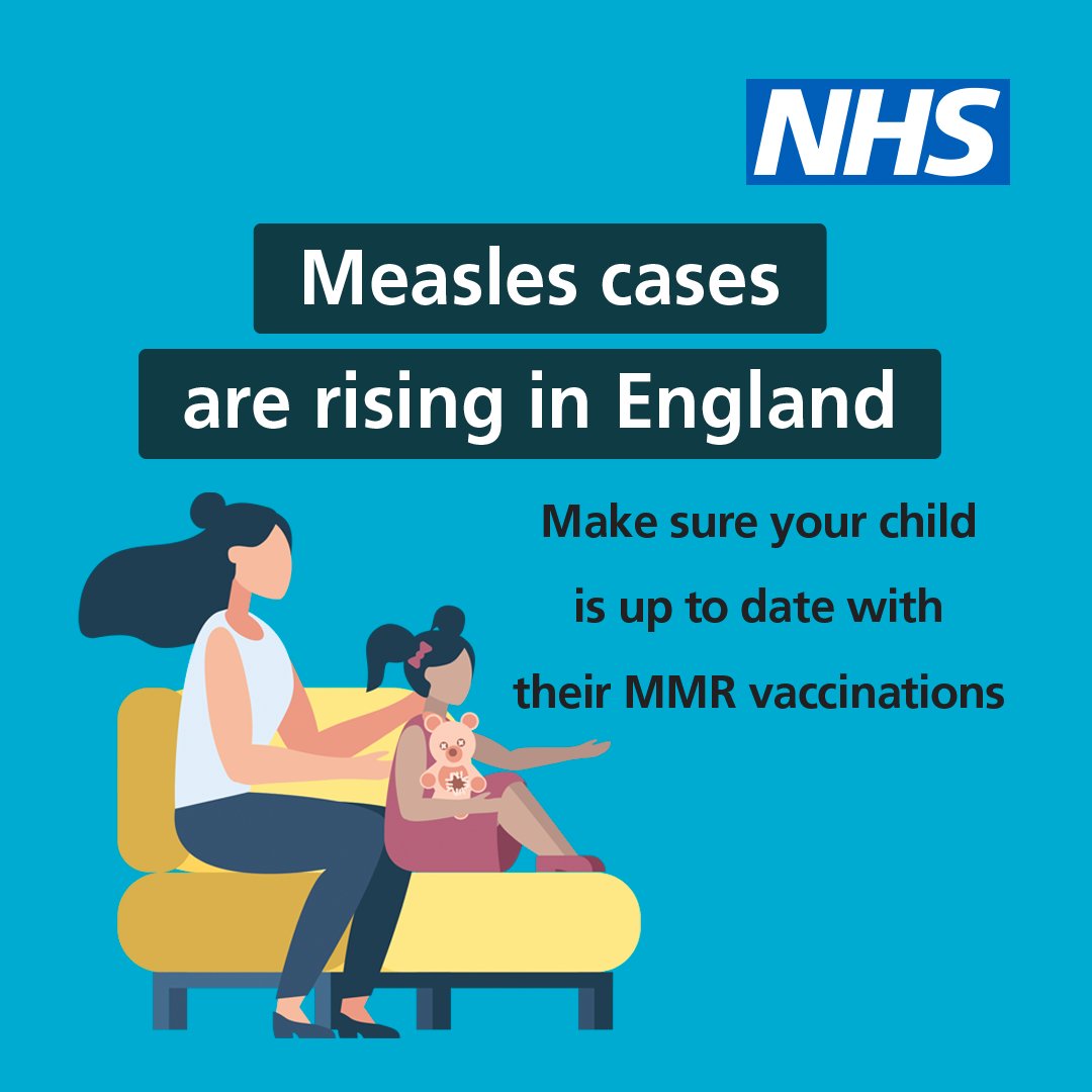 Measles cases are rising in England. Make sure your child is up to date with their MMR vaccinations. For more information visit nhs.uk/mmr