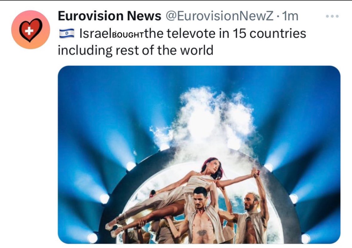 jasamawesome's tweet photo. RIP #Eurovision 
Citizens of #Europe and the rest of the world do not deserve this fake show
#Eurovision2024 #FreePalestine https://t.co/pWgI7LcdkL