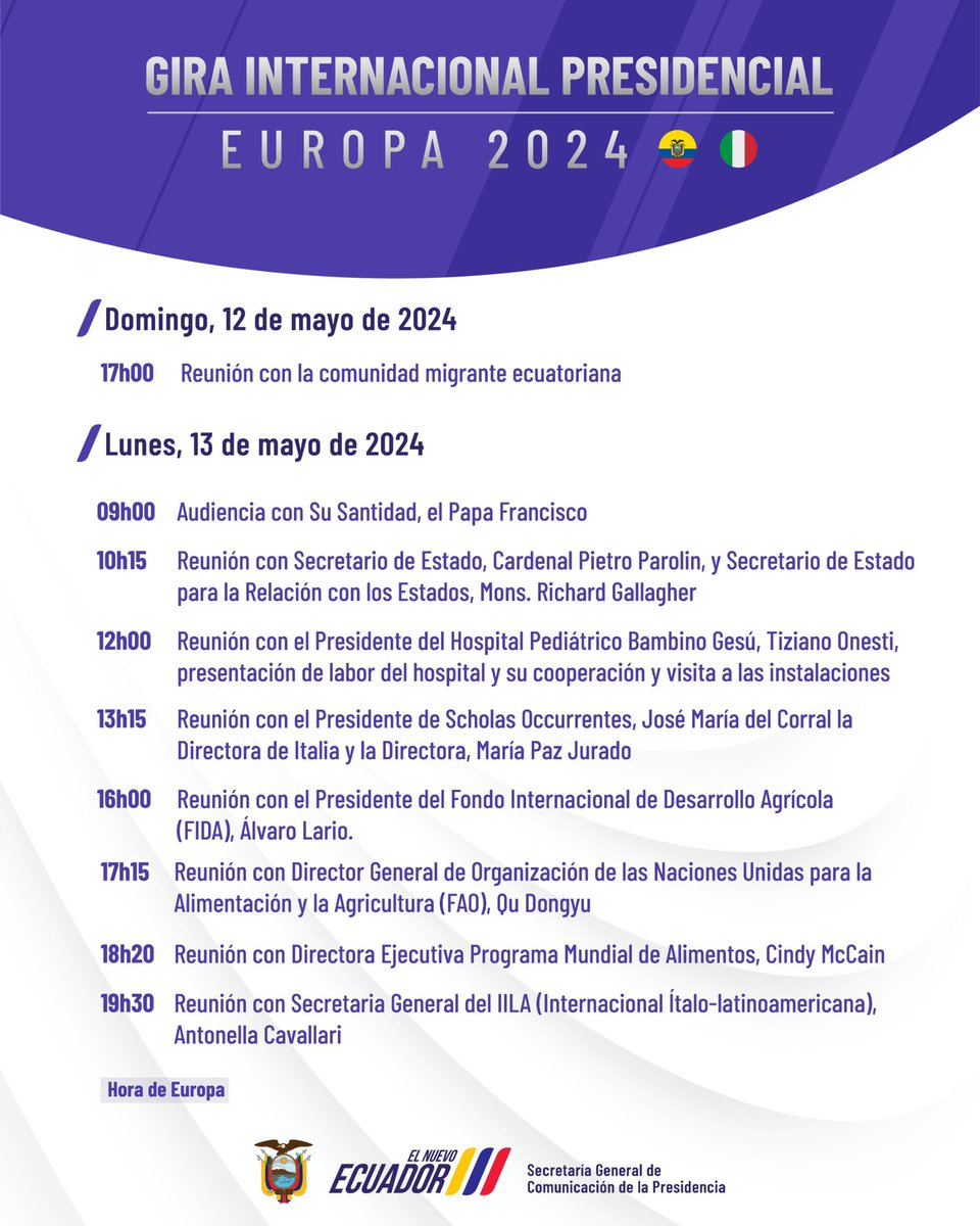 #EcuadorEnEuropa2024🇪🇨🇮🇹 Conoce la agenda oficial del presidente @DanielNoboaOk en Italia este domingo 12 y lunes 13 de mayo. #ElNuevoEcuador