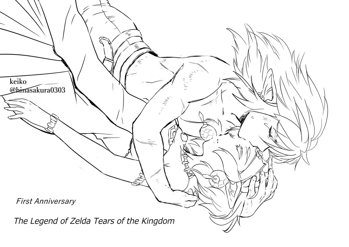 ティアーズオブザキングダム一周年おめでとうございます！！愛してます！！
空中で姫様を抱きしめた時、リンクはおでこにキスをしていたんじゃないかな…と思ってて…そんなシーンを描いてみました🩷
＃zelink　#リンゼル