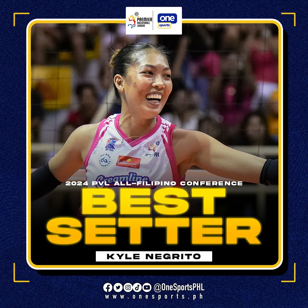 SETTER SUPREME 👸

She’s not just setting the ball, she's setting the standard! Kyle Negrito of the Creamline Cool Smashers take home the Best Setter crown in the 2024 PVL All-Filipino Conference! 

#PVL2024 #PVLonOneSports #TheHeartOfVolleyball