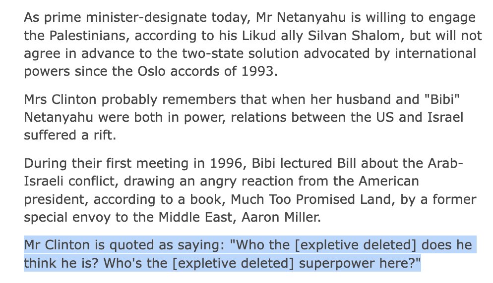 Bill Clinton was the 42nd US President. Joe Biden is the 46th. Almost 30 years later, Bibi is still the Israeli Prime Minister, having outlasted five US Presidents. I think it's quite obvious who the superpower is here. Size isn't everything. Leverage is. news.bbc.co.uk/1/hi/world/mid…