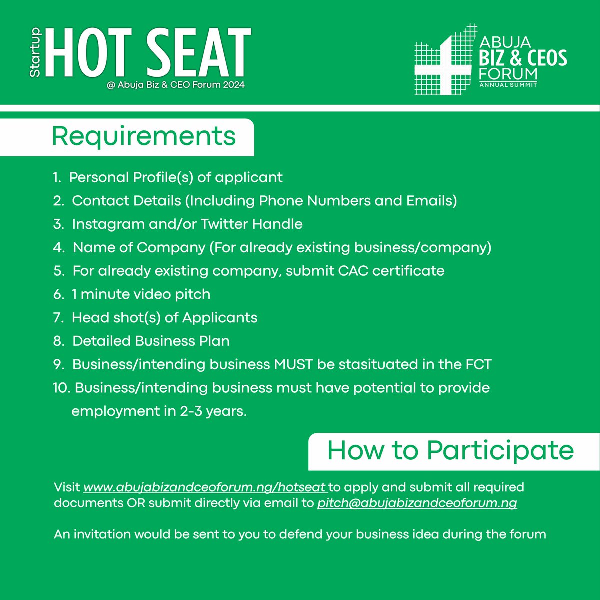 ATTENTION STARTUPS 🚨🚨

The Abuja Business and CEO Forum would be featuring the STARTUP HOT SEAT where startups, inventors and founders will be connected to investors and venture capitalists across multiple industries and sectors 

#AbujaTwitterCommunity
#hotseat #BusinessPlan