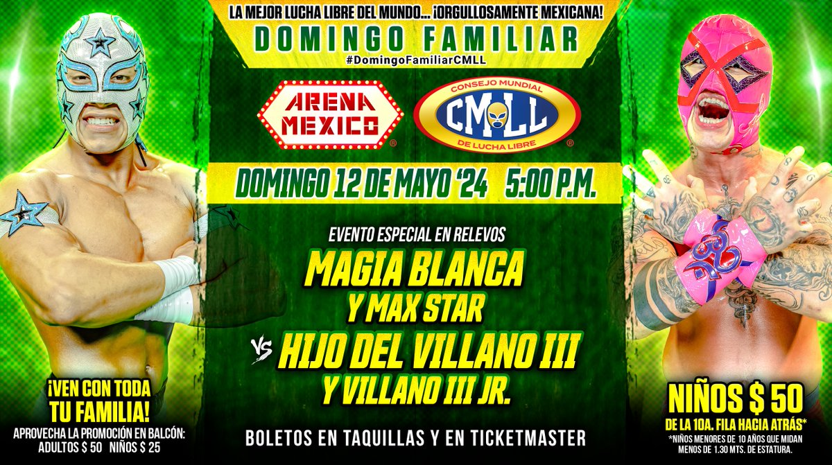 Los Depredadores -Magia Blanca y Max Star- formarán sociedad en dupla para enfrentarse a Los Villanos en un evento especial que promete grandes emociones.

📍Arena México
🕔 5:00 p.m.
🎟️ taquillas y
ticketmaster.com.mx/artist/1156538

#DomingoFamiliarCMLL
Cartelera: cmll.com/cartelera/