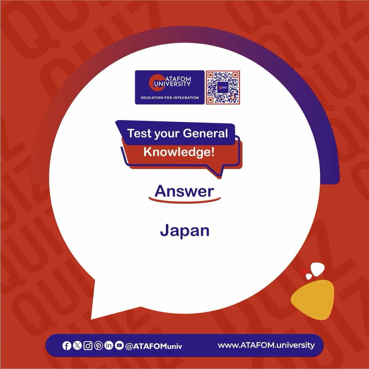 Test your General Knowledge! 🤔🧠

▶️ Which of the following countries is smallest in size?
• Ireland
• Japan
• Argentina
• Egypt 

Answer - Japan ✅

Visit Our Website: ATAFOM.university

#ATAFOM
#ATAFOMuniversity
#SakirYavuz
#QuizChallenge
#quizinstagram…