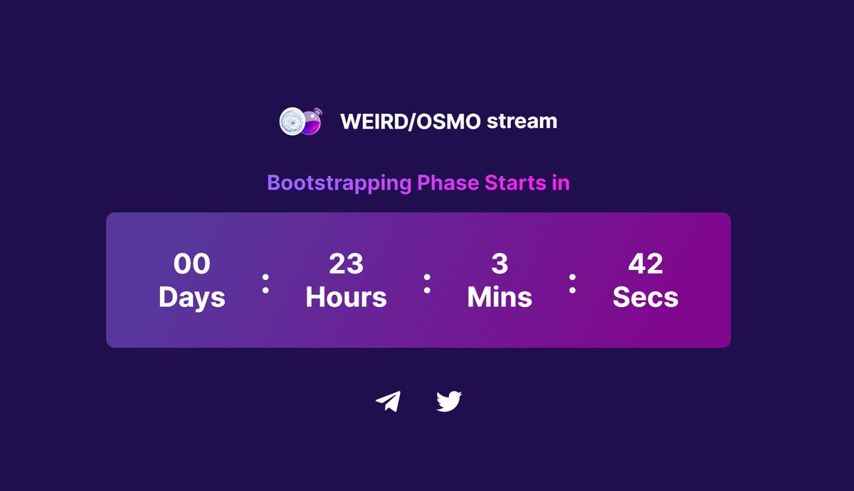📢Less than 24 hours⏰ left till the start of the Bootstrapping phase $Weird/ $Osmo on @StreamSwap_io ! Only 2 days to take part!

👉app.streamswap.io/stream/OSMO/13

#NFTCommunity #NFTCollection #NFTMagic #NFTGiveaway #Airdrop #Airdrops #AirdropSeason #NFT #stream