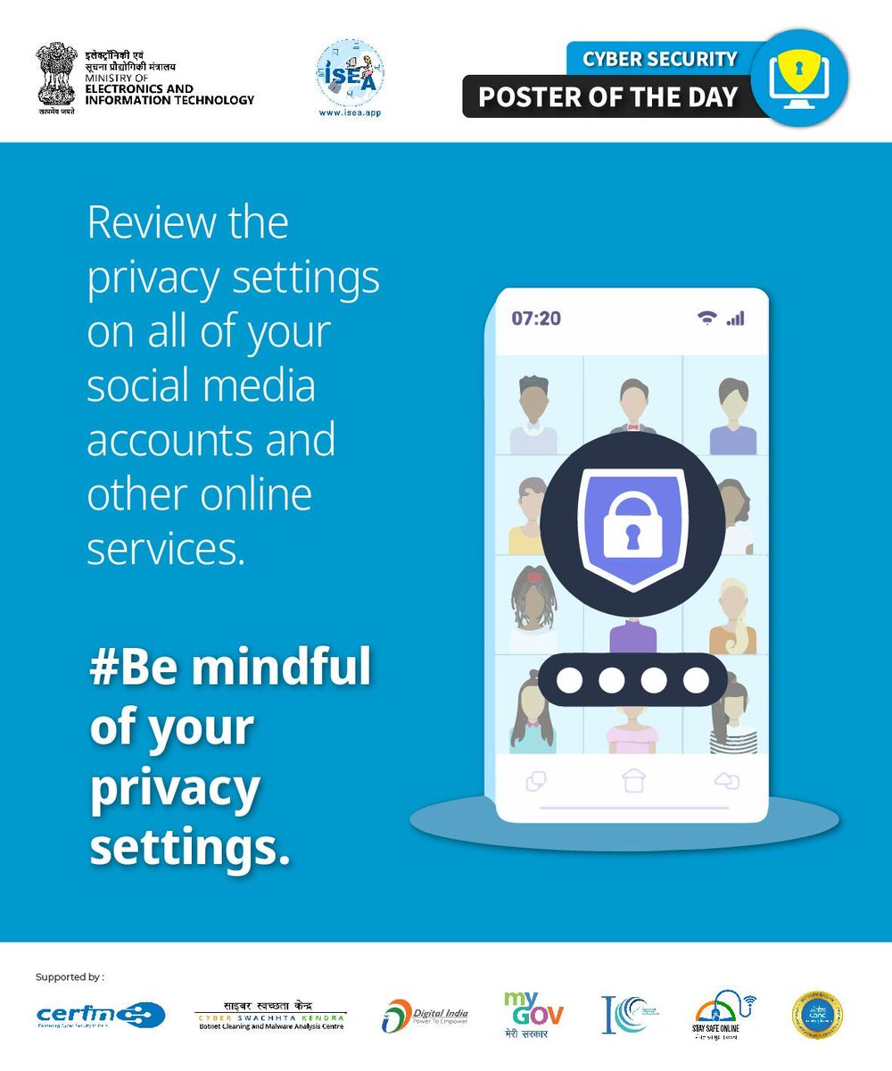 InfoSecAwa's tweet photo. Regularly review your privacy settings across all accounts, including social media, to safeguard your online presence
#ISEA #DigitalNaagrik #CyberSecurity #MEITY
#PrivacyCheckup #OnlineSafety #ProtectYourself https://t.co/F9tiwL1k9f