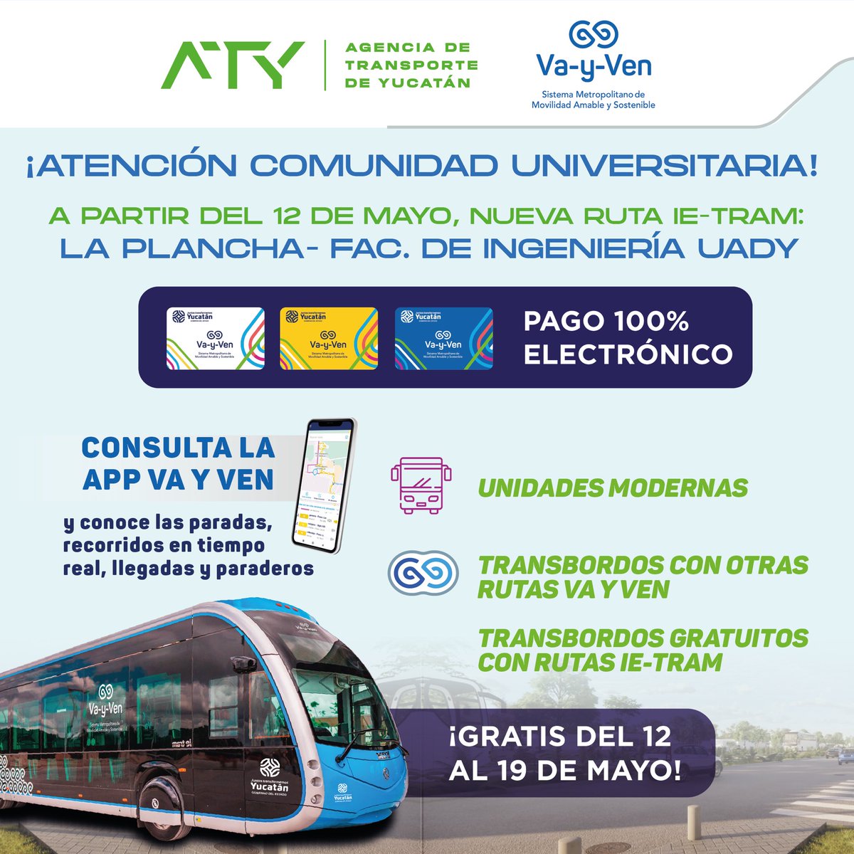 📍¡Atención a toda la comunidad universitaria!📍

HOY entra en operación la nueva ruta del #IETRAM la Plancha-Fac. de Ingeniería UADY🐆

La primera ruta 100% eléctrica que conectará La Plancha con el Campus de Ciencias Exactas e Ingenierías.

Conoce todos los beneficios de esta