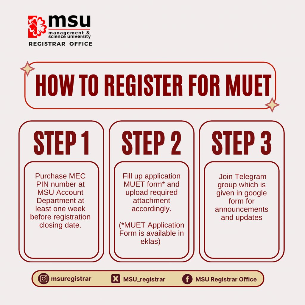 Follow these steps on how to register for MUET. Registration for MUET Session 2, 2024 is now open from 2 May 2024 till 4 June 2024. For any inquiries, feel free to reach out to the Examination Department counter service. @MSUmalaysia