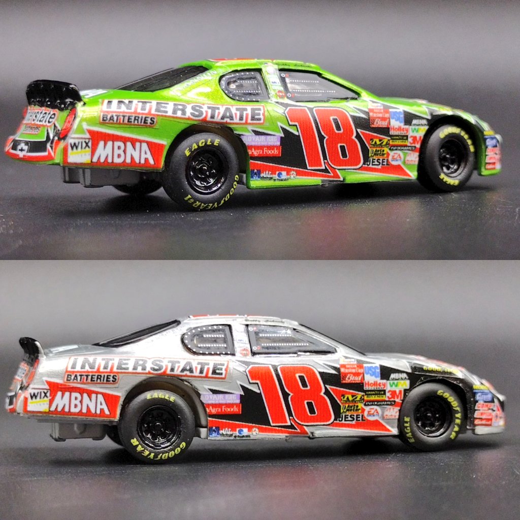 2003 Bobby Labonte #18 Interstate Batteries 1:64 customs in Candy Lime Metallic and Raw finishes. Which is your favorite finish? I like the Candy Lime!