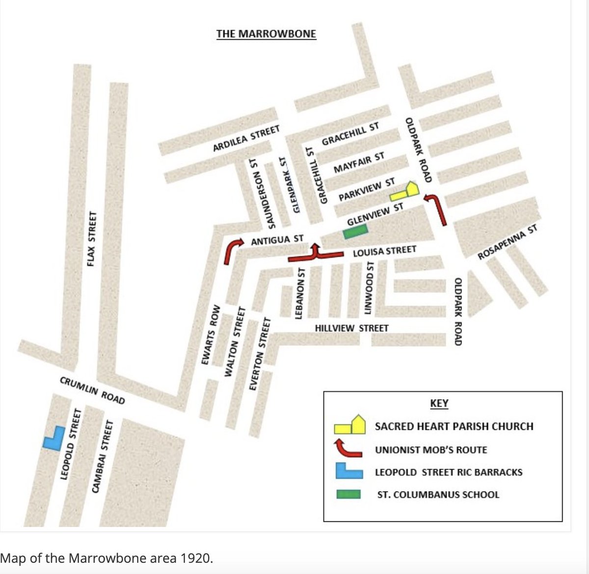 Like the Short Strand. The Bone was surrounded by Unionists and attacked repeatedly between 1920-1922. Six men were killed in Marrowbone in an attack on the area on August 28-29, 1920. The Sacred Heart church being the main focus of attack by the mobs.