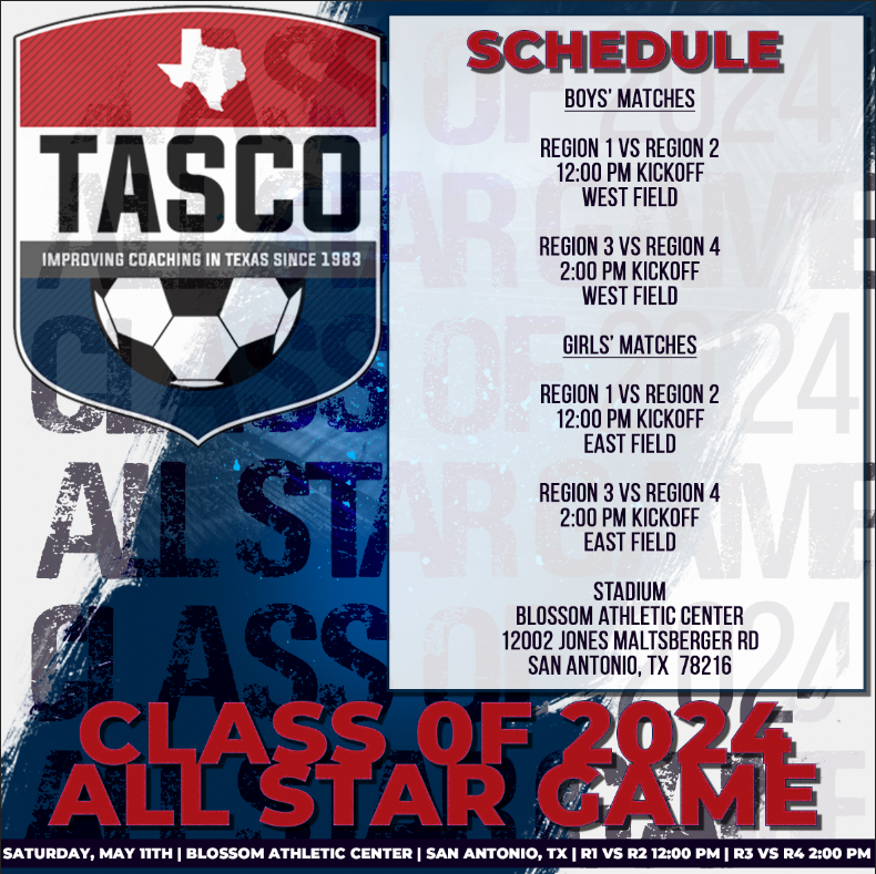 It's #TASCO Senior Showcase week! Here's the schedule of events TODAY! #TXHSSoc #TXHSSoccer #TASCOAllStars