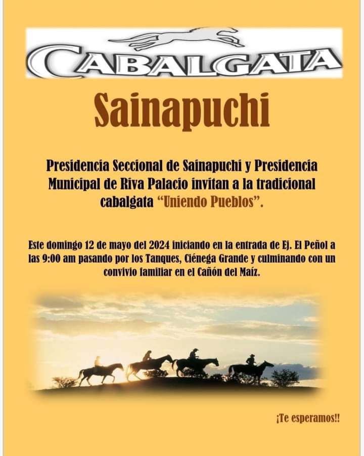 ✨🐴¡Hoy se realiza la tradicional Cabalgata “Uniendo Pueblos” en Sainápuchi, municipio de Riva Palacio. ¡Vive la experiencia de una tradicional cabalgata!.🏇🤝

#ChihuahuaEsInmenso 
#RivaPalacio
#Sainápuchi