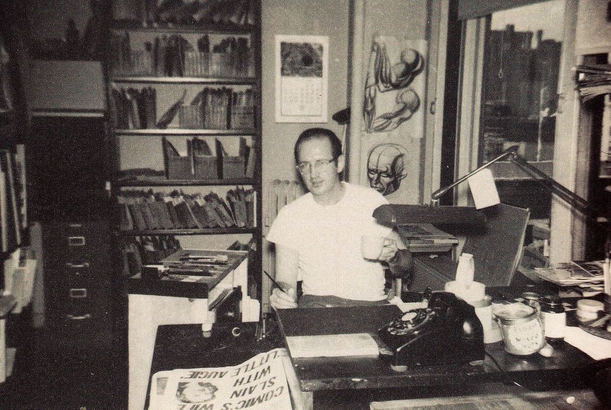 Steve Ditko in the studio located in Hell’s Kitchen at 43rd St. & 8th Ave, NYC, September 1959 #art #artwork #artmattersandthings #artappreciation #artistlife #artstudio #photography #steveditko #american #artist #cartoonist #sundaystudio #studiosunday