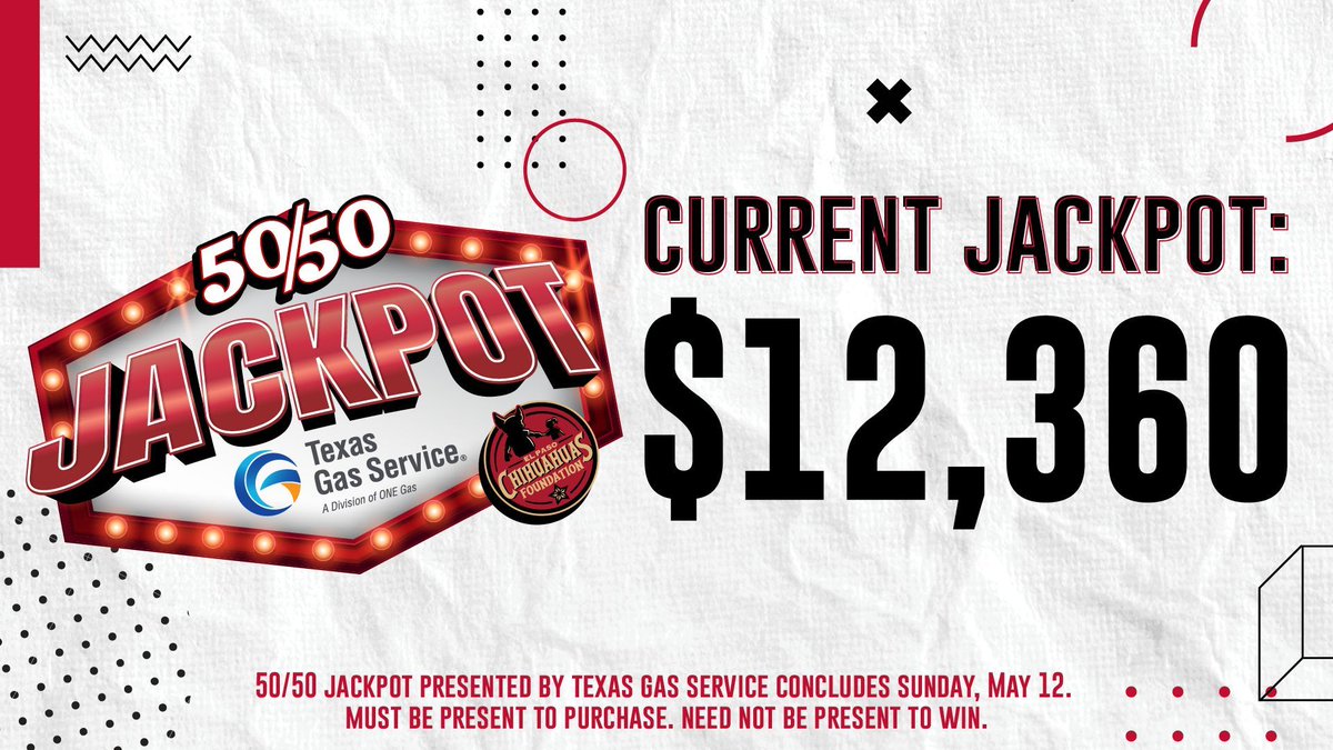 Bringing mom to the game today? Buy her a 50/50 Jackpot ticket, presented by Texas Gas Service! The jackpot grew to more than $12K and is climbing. Your mom has a chance to win half of the total! The winner gets announced after the seventh inning!