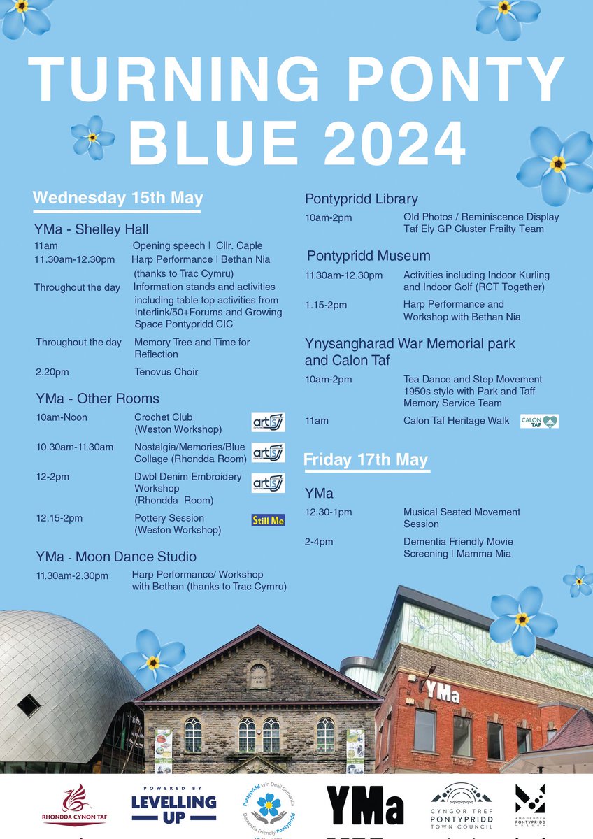 The up to date hastag for following Dementia Action week across CTM is #CTMDAW24 Turning Pontypridd blue is using #DAWPONTY2024 too.