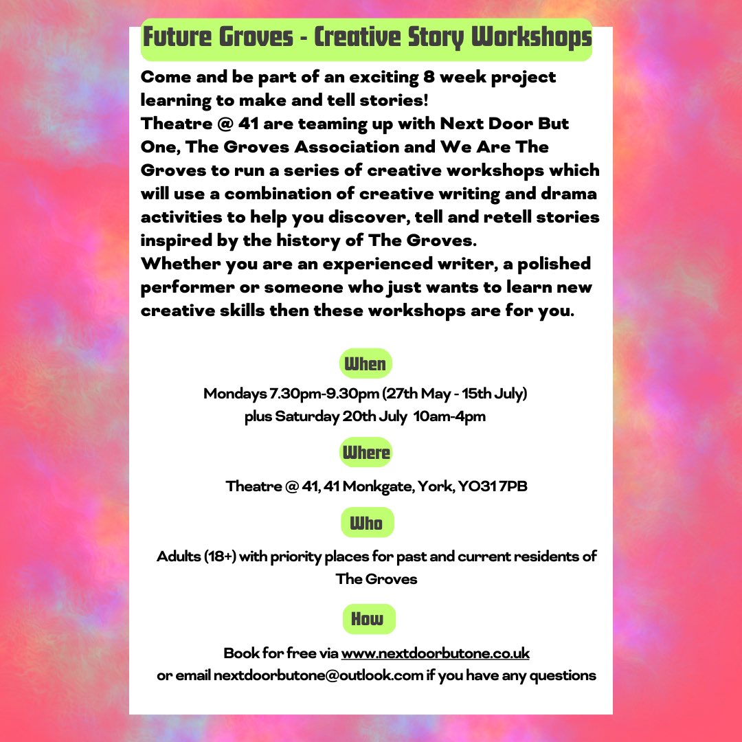 🗣️FUTURE GROVES! We’ve had a few questions about our new series of creative story workshops with so wanted to make sure you had all the info 👇 forms.gle/2LRCchypSDLCaQ… @41monkgate @PaulBirch5 @yorkcivictrust @MakeItYork @HeritageFundUK Come join us!
