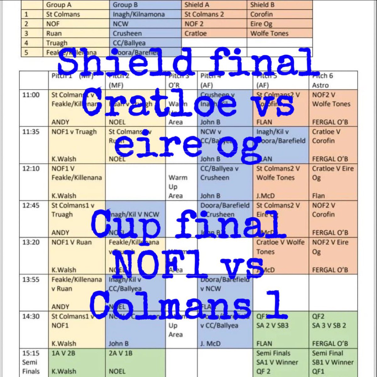 After a long day of some great hurling we are down to the finals. Shield final Cratloe vs eire og Cup final NOF1 vs Colmans 1 The very best of luck to all teams. #johncollinstournament @ClareCamogie