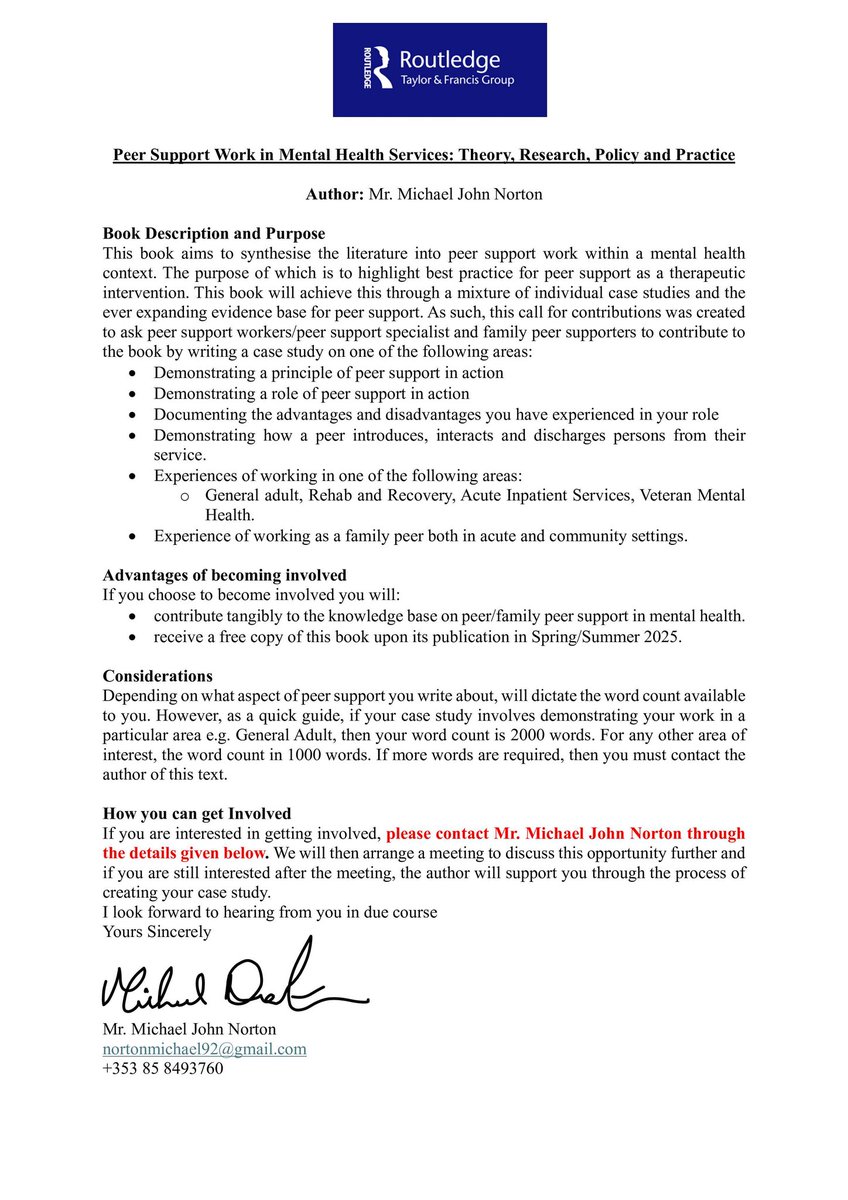 Michael John Norton (@michaeljohnnor1) on Twitter photo I am looking for #peersupport workers, #peerspecialist, #family #peers to submit case studies for my third #book #peer #support work in #mentalhealth #services. For more info, see below.
<a href="/Mad_In_Ireland/">Mad In Ireland</a> @kerrymartha <a href="/DCUSNPCH/">DCU Nursing, Psychotherapy & Community Health</a> <a href="/atu_ie/">Atlantic Technological University</a> <a href="/MHER_Ire/">HSE Mental Health Engagement and Recovery</a> <a href="/HSELive/">HSE Ireland</a> <a href="/Mad_In_America/">Mad In America</a> <a href="/DCU/">Dublin City University</a> I am looking for #peersupport workers, #peerspecialist, #family #peers to submit case studies for my third #book #peer #support work in #mentalhealth #services. For more info, see below.
<a href="/Mad_In_Ireland/">Mad In Ireland</a> @kerrymartha <a href="/DCUSNPCH/">DCU Nursing, Psychotherapy & Community Health</a> <a href="/atu_ie/">Atlantic Technological University</a> <a href="/MHER_Ire/">HSE Mental Health Engagement and Recovery</a> <a href="/HSELive/">HSE Ireland</a> <a href="/Mad_In_America/">Mad In America</a> <a href="/DCU/">Dublin City University</a>