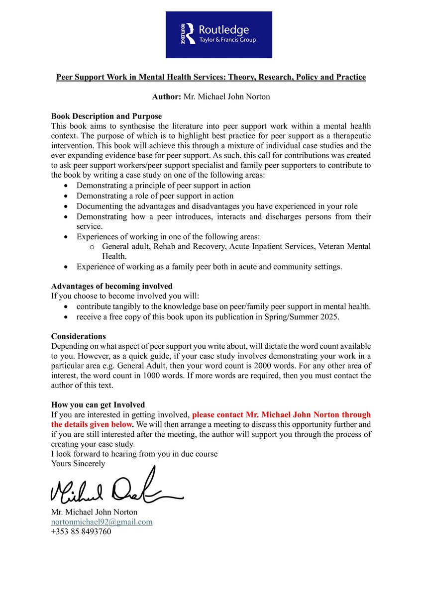 I am looking for #peersupport workers, #peerspecialist, #family  #peers to submit case studies for my third #book #peer #support work in #mentalhealth #services. For more info, see below. 
@Mad_In_Ireland @kerrymartha @DCUSNPCH @atu_ie @MHER_Ire @HSELive @Mad_In_America @DCU