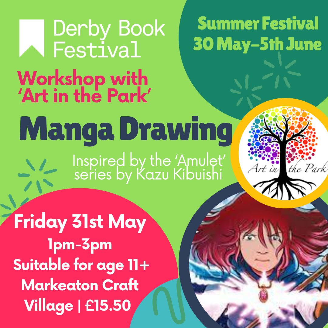 Come along to our Manga workshops being held at @artinthepark_derby. Our afternoon session, suitable for ages 11+, is inspired by the work of Kazu Kibuishi and his 'Amulet' series. All resources are provided and parking is included. Tickets available - ow.ly/nyIW50RAgYy