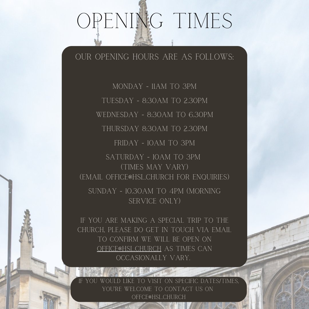We are open 7 days a week! We have a plethora of things happening in the life of the Church. Whether you're wanting to attend one of our events or wanting to gain more of an insight on our history, our doors are open. For more info, visit hsl.church for more details.