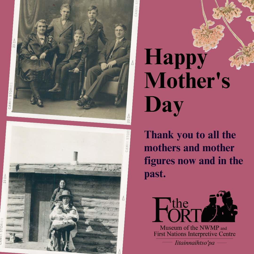 Happy Mothers Day! FMP.80.187: A black 7 white mounted photograph of the Quick family, taken in Macleod. FMP.80.70: Black & white photograph of Sarceeman and family. Sarceeman served as a scout for the RCMP. #HappyMothersDay #thefort #ThankYouMom #FortMacleod